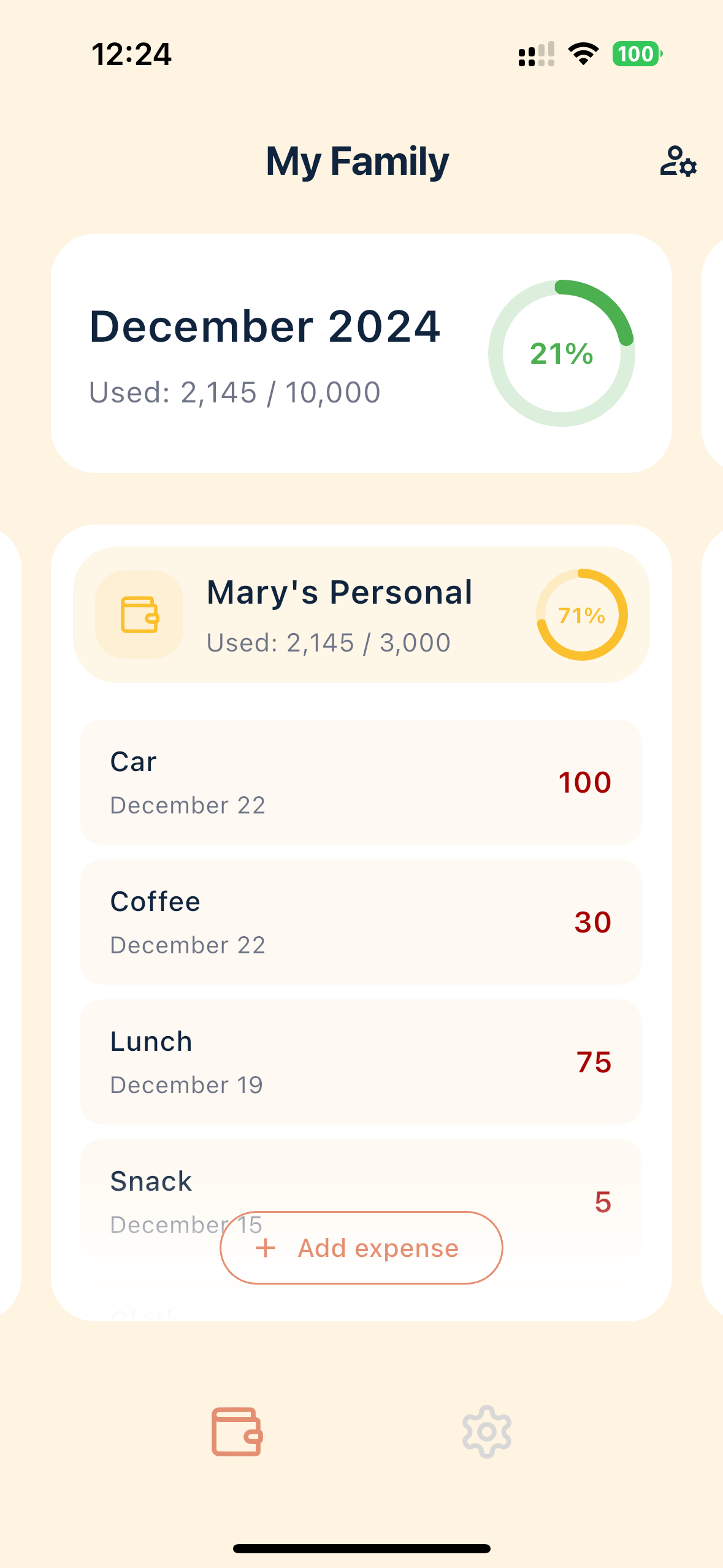 Koru Expense Tracking App Interface showing budget tracking features